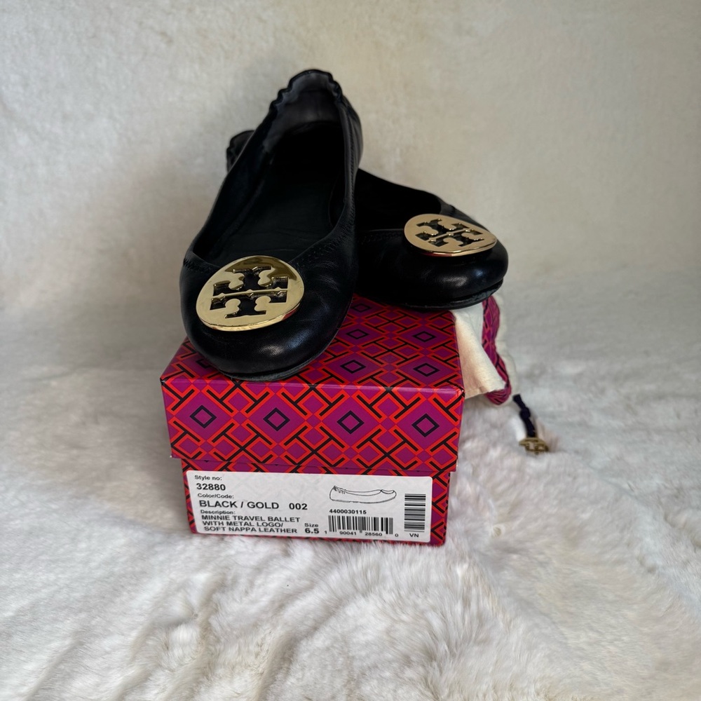 Tory Burch Minnie Travel Ballet. Black/Gold size 6.5
